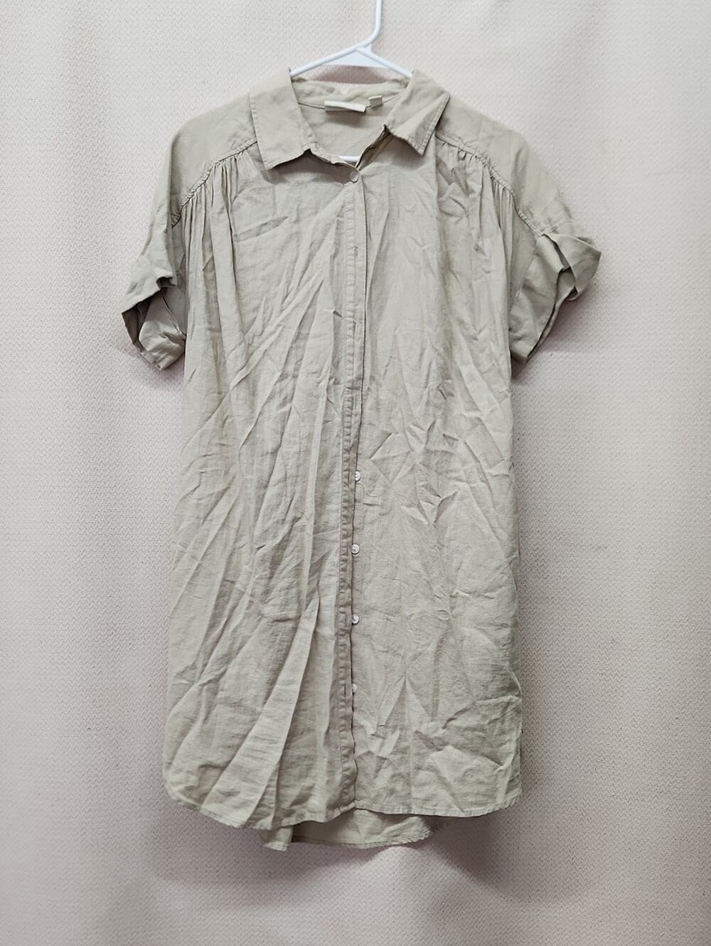 Casual Short-Sleeve Midi Shirt Dress — Cream